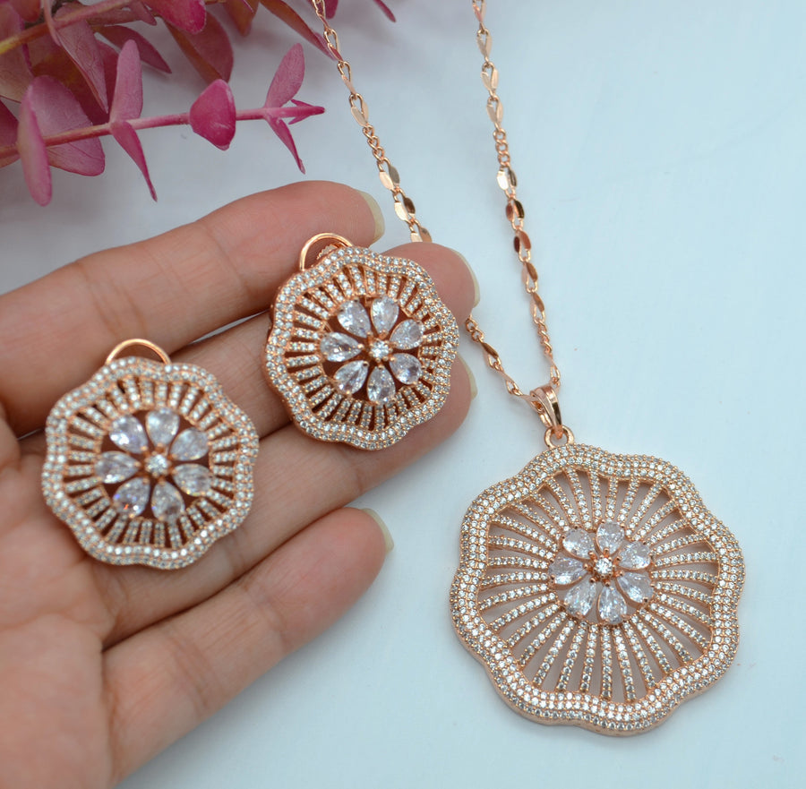 Golden Pavé Circle Necklace and Earring Set